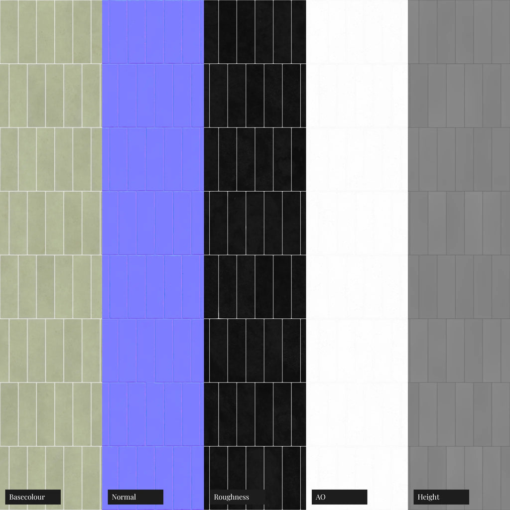 Zellige Khaki Green Offset Tile PBR Texture - Example Scene Visualization | Superellipse