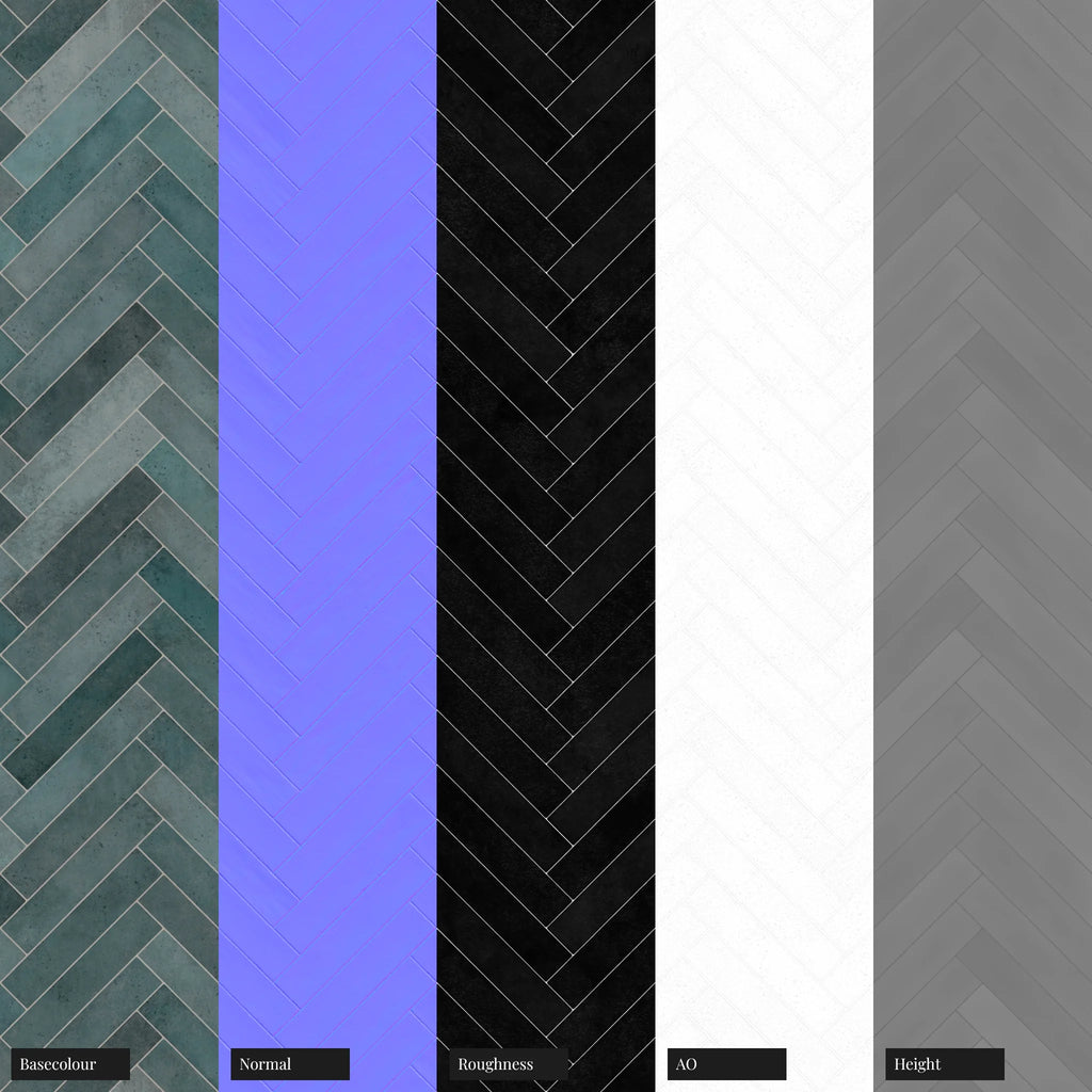 Hoxton Teal Gloss Herringbone Tile PBR Texture - Example Scene Visualization | Superellipse