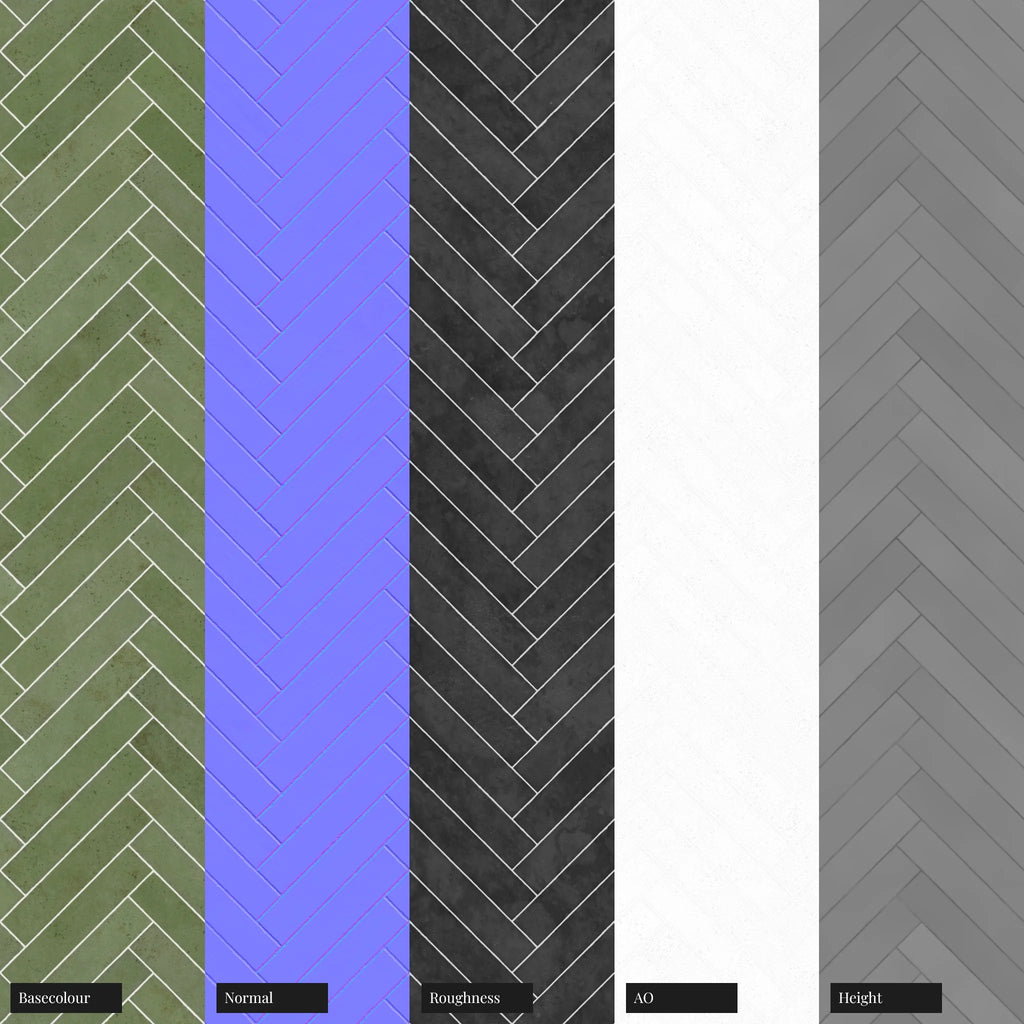 Zellige Jungle Green Herringbone Tile PBR Texture - Example Scene Visualization | Superellipse