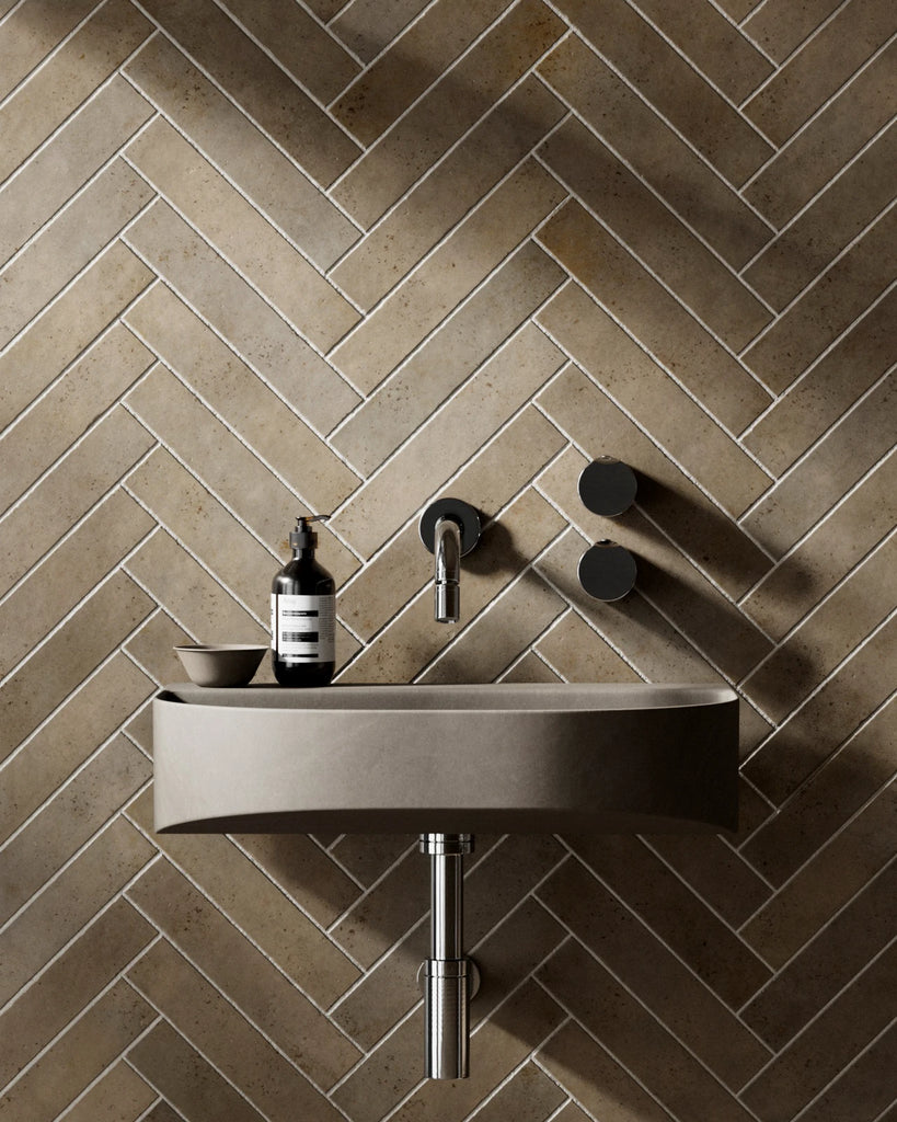 Zellige Sandstone Herringbone Tile PBR Texture - Example Scene Visualization | Superellipse