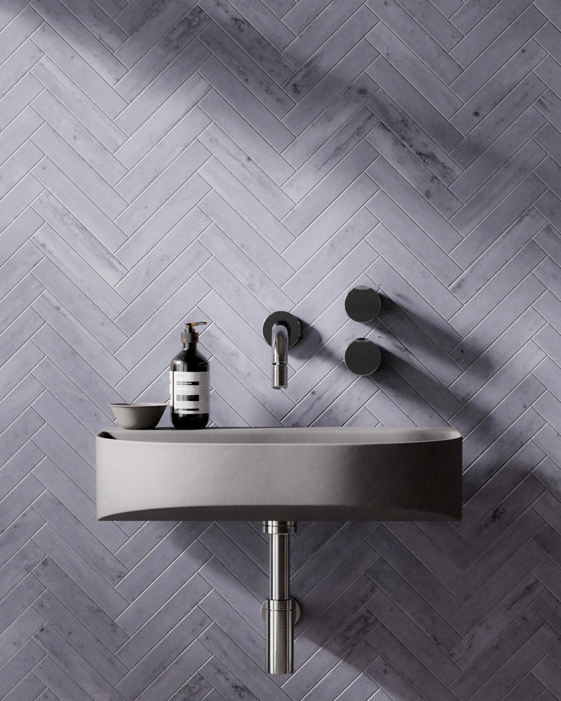 Blue de Savoie Herringbone Marble Tiles PBR Texture - Example Scene Visualization | Superellipse