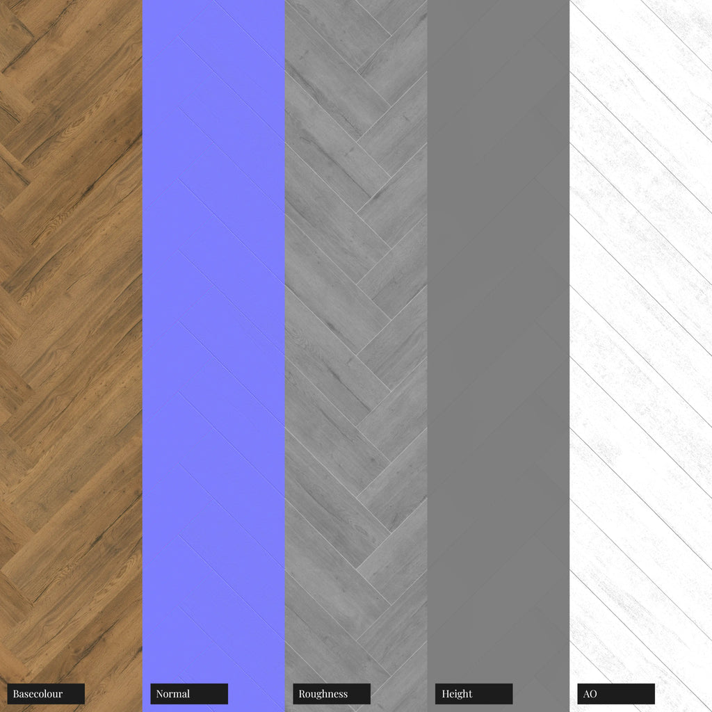 Rustic Oak Wood Herringbone Floor PBR Texture - Example Scene Visualization | Superellipse