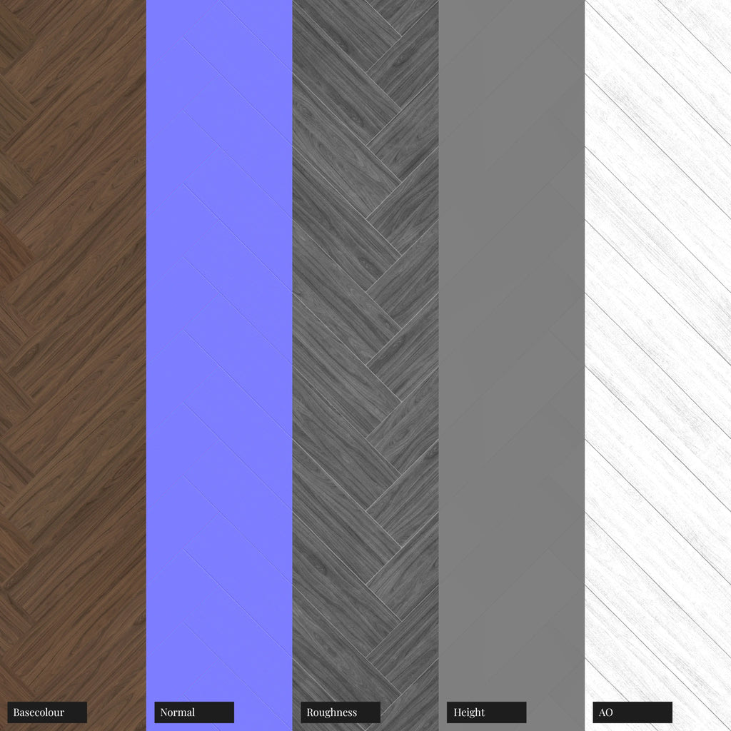 Natural Walnut Herringbone Wood Floor PBR Texture - Example Scene Visualization | Superellipse