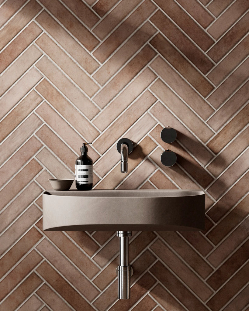 Hoxton Pink Salmon Herringbone Tile PBR Texture - Example Scene Visualization | Superellipse