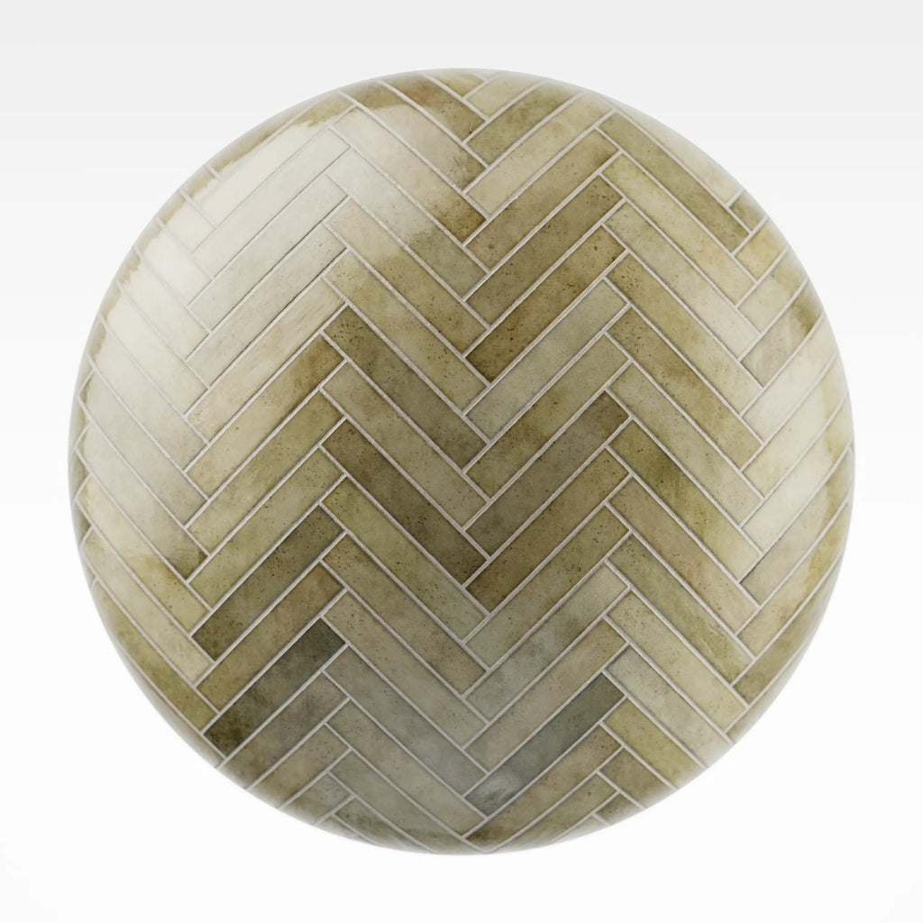 Hoxton Olive Herringbone Tile PBR Texture - Sphere Swatch Preview | Superellipse