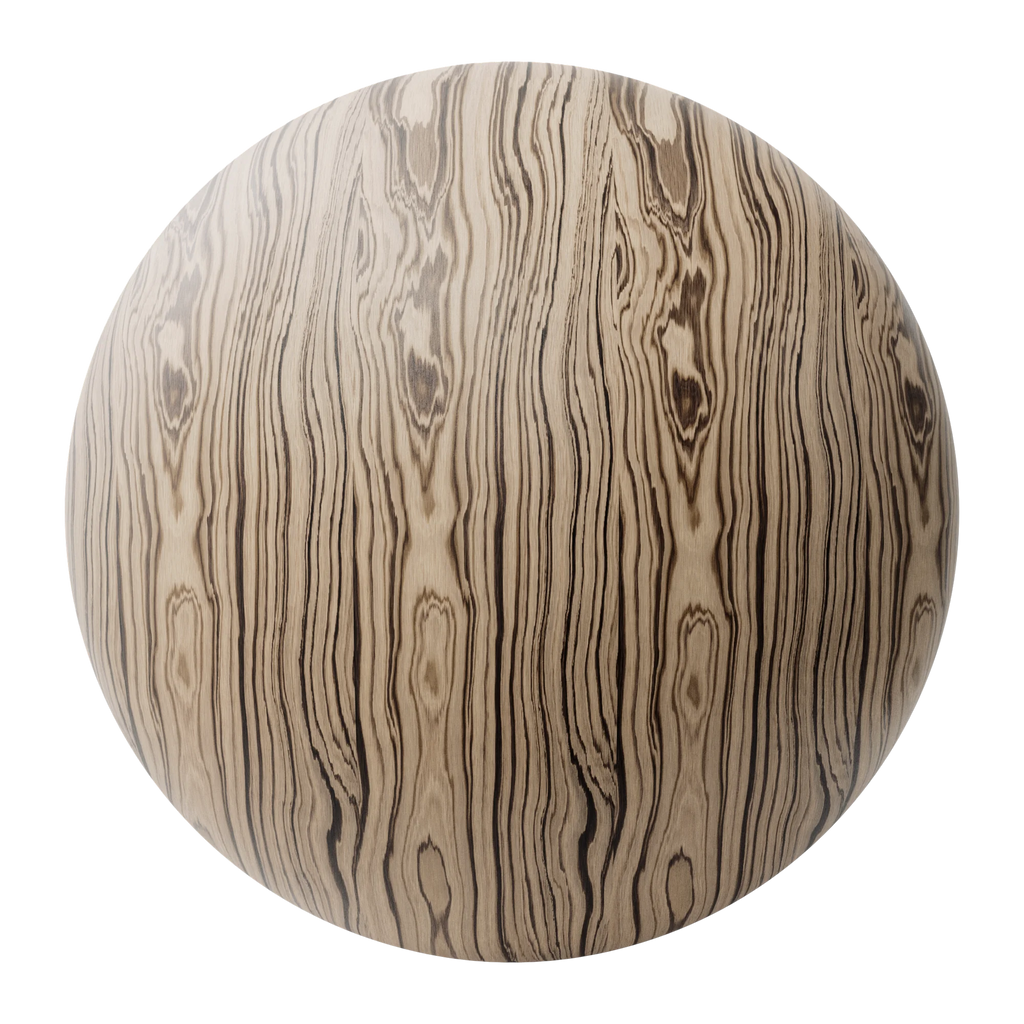Zebrano Slip Matched Natural Finish Veneer Wood PBR Texture - Sphere Swatch Preview | Superellipse