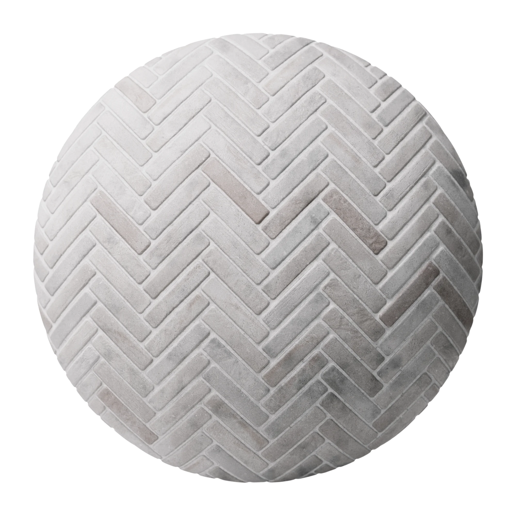 Contemporary Grey Terracotta Herringbone Tiles PBR Texture - Sphere Swatch Preview | Superellipse