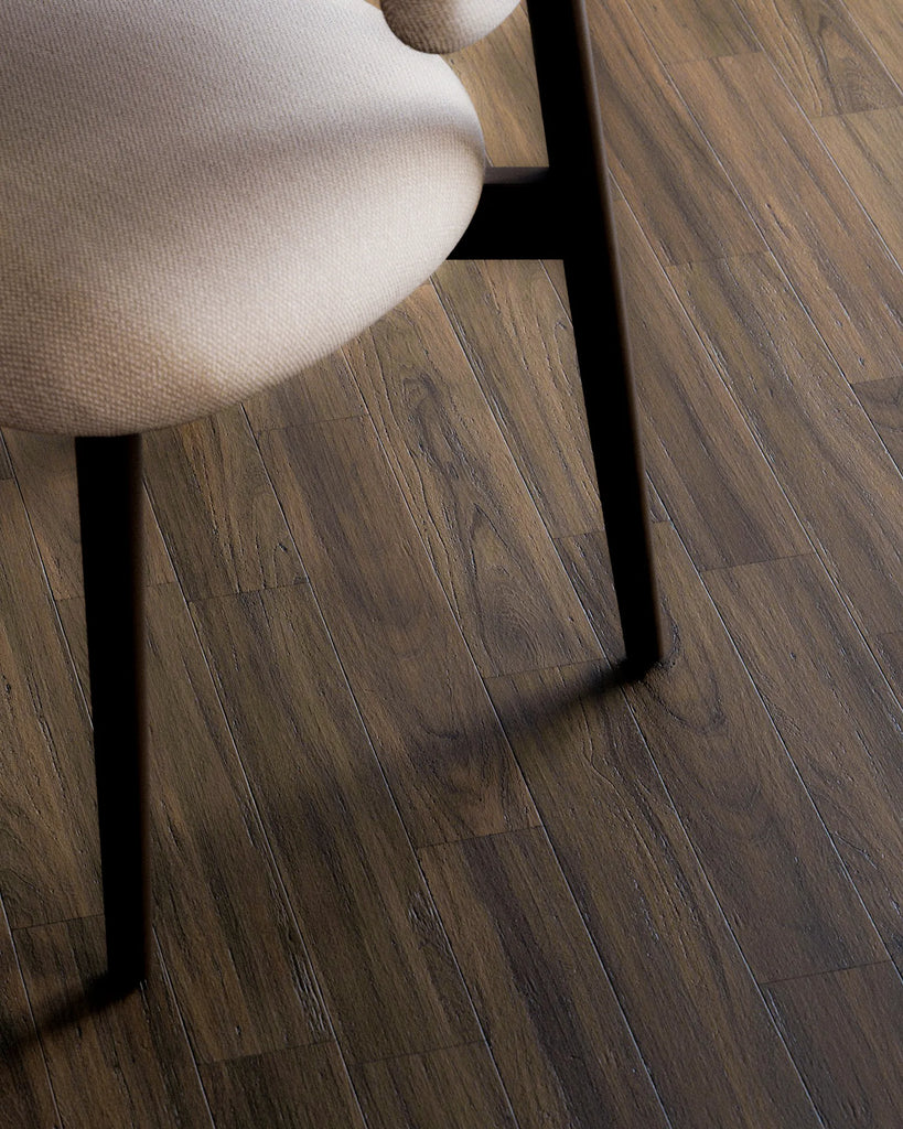 Smokey Walnut Staggered Wood Floor PBR Texture - Example Scene Visualization | Superellipse