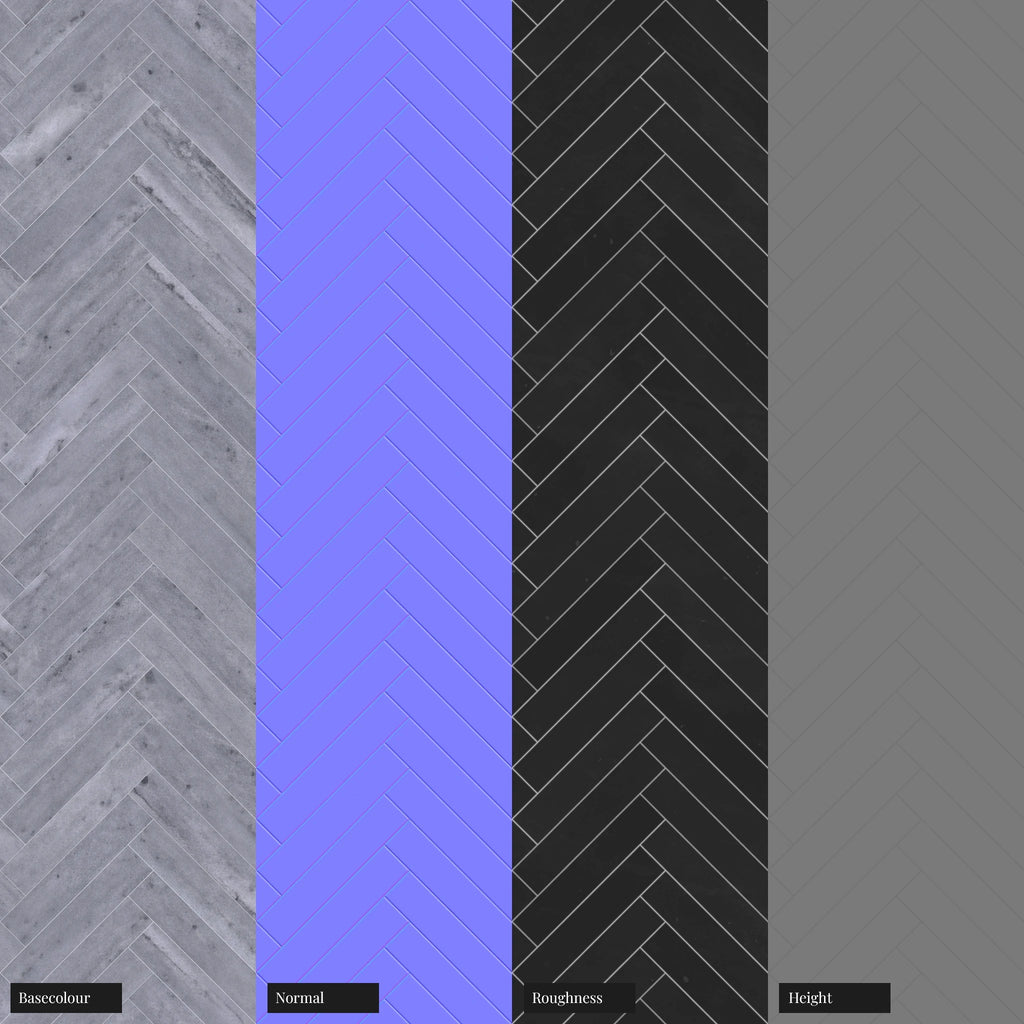 Blue de Savoie Herringbone Marble Tiles PBR Texture - Example Scene Visualization | Superellipse