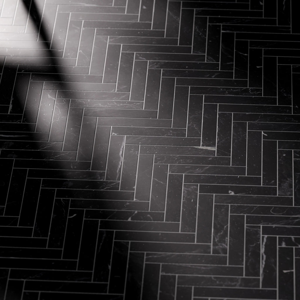 Nero Marquina Herringbone Marble Tile PBR Texture - Example Scene Visualization | Superellipse