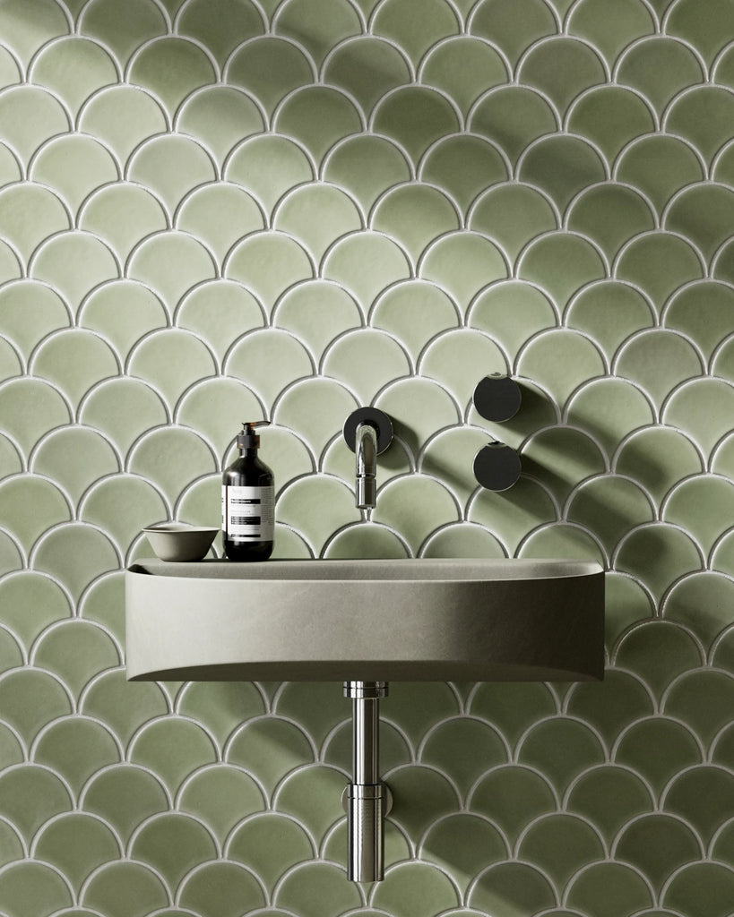 Glazed Sage Scallop Porcelain Tile PBR Texture - Example Scene Visualization | Superellipse