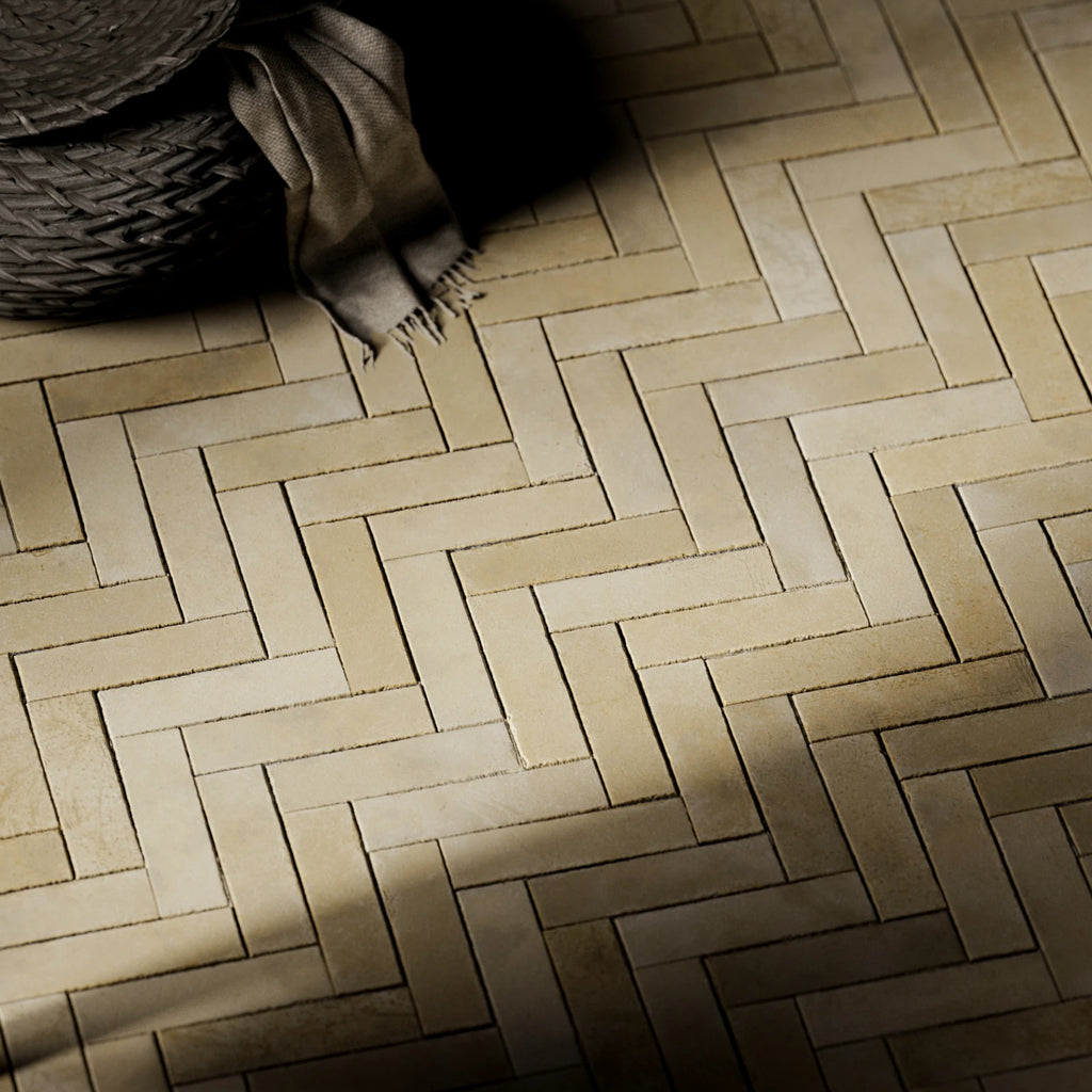 Terracotta Low Fired Clay Herringbone Brick Tiles PBR Texture - Example Scene Visualization | Superellipse