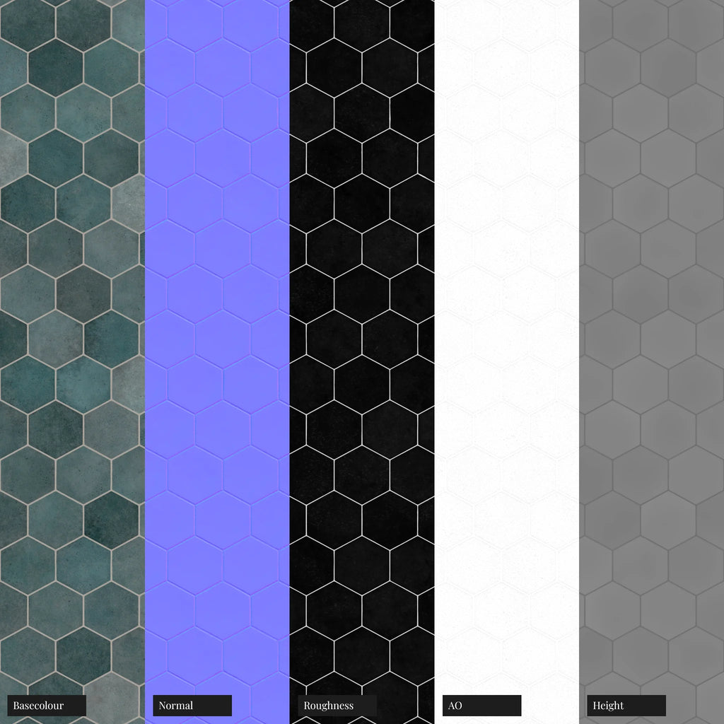 Hoxton Teal Gloss Hex Tile PBR Texture - Example Scene Visualization | Superellipse