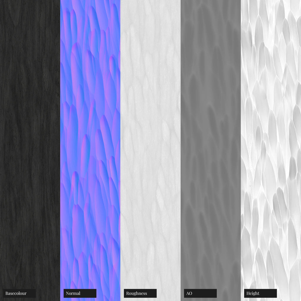 Chiselled Hardwood Black Wax Finish PBR Texture - Example Scene Visualization | Superellipse