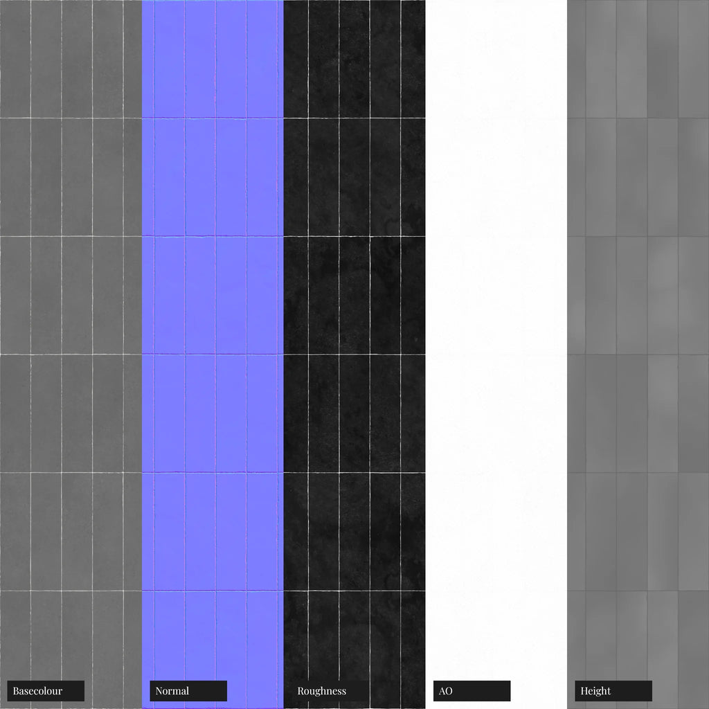 Zellige Iron Grey Stacked Tile PBR Texture - Example Scene Visualization | Superellipse