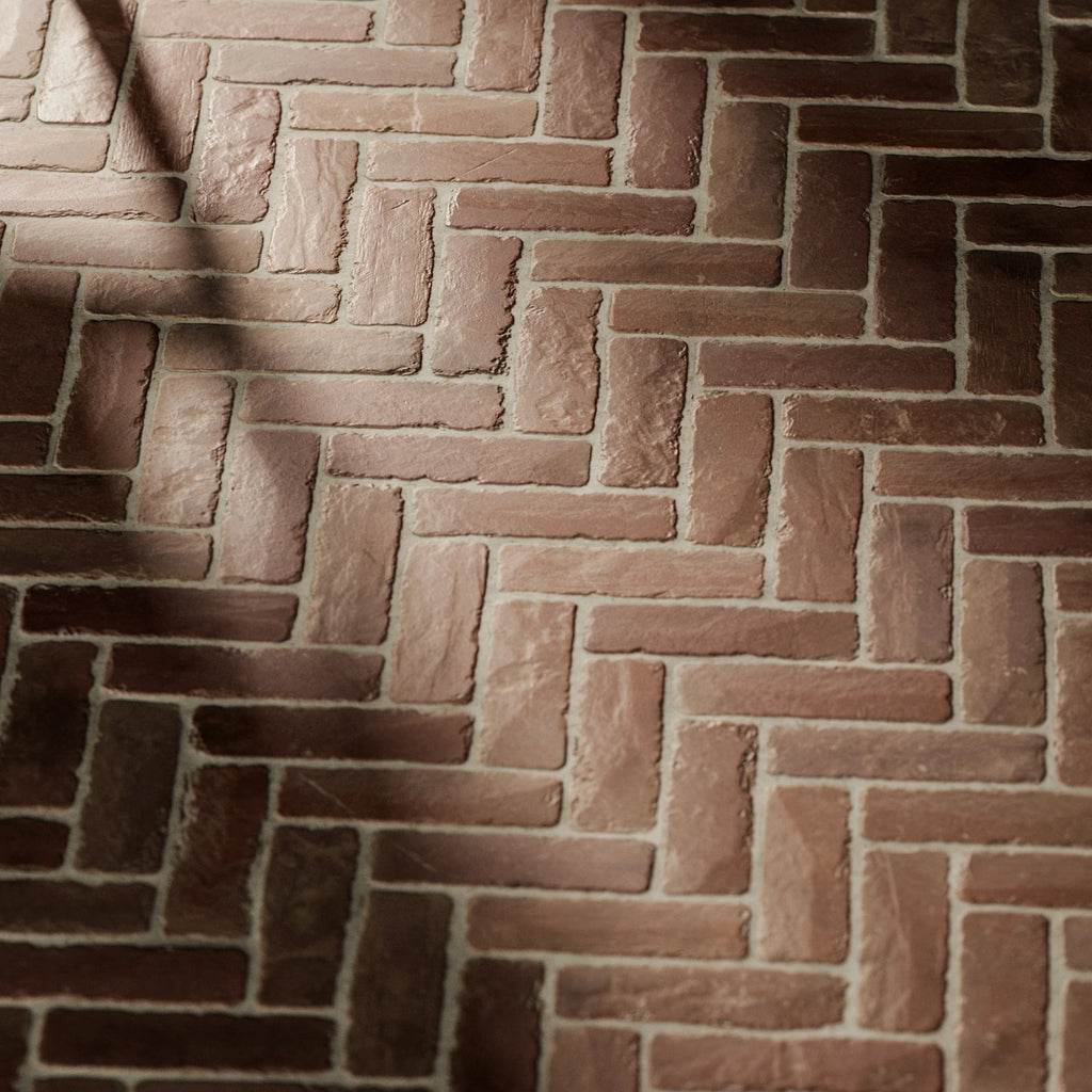 Terracotta Traditional Rustic Herringbone Tiles PBR Texture - Example Scene Visualization | Superellipse