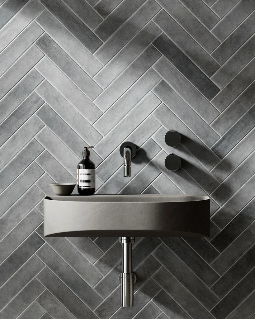 Hoxton Arctic Grey Herringbone Tile PBR Texture - Example Scene Visualization | Superellipse