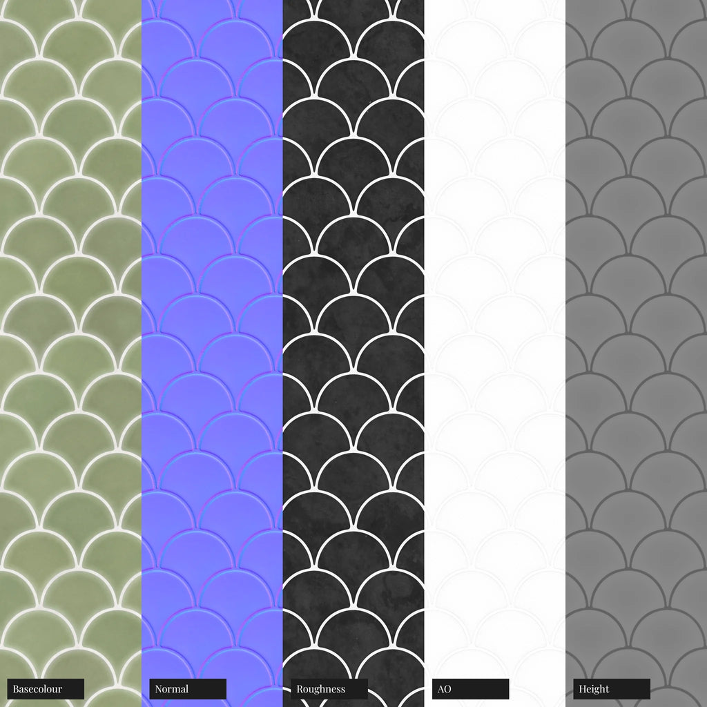 Glazed Sage Scallop Porcelain Tile PBR Texture - Example Scene Visualization | Superellipse