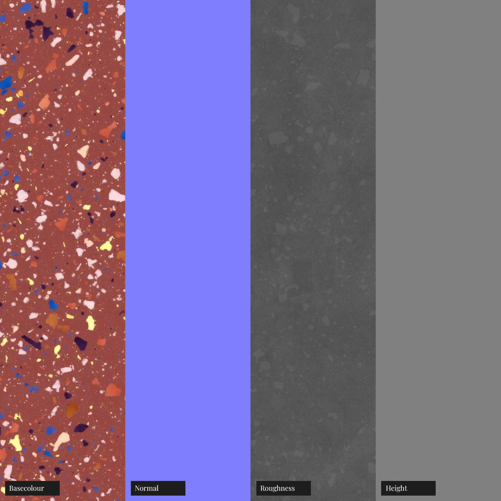 Colourful Red Terrazzo Plastic PBR Texture - Example Scene Visualization | Superellipse