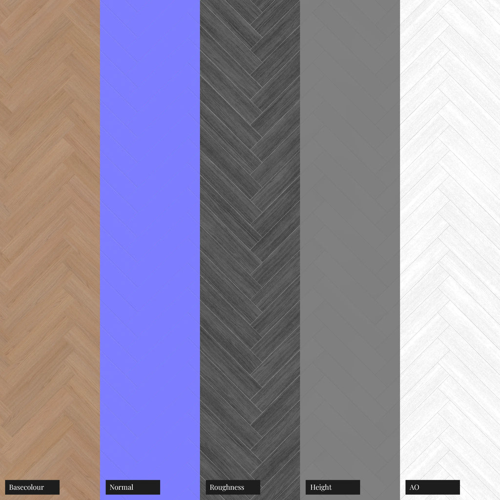 Natural Oak Herringbone Parquet Wood Floor PBR Texture - Example Scene Visualization | Superellipse