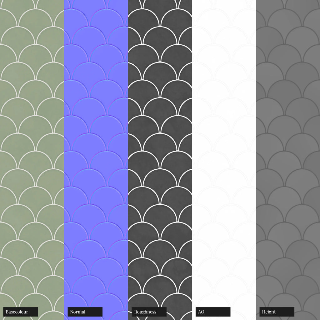 Jungle Green Scallop Ceramic Tile PBR Texture - Example Scene Visualization | Superellipse