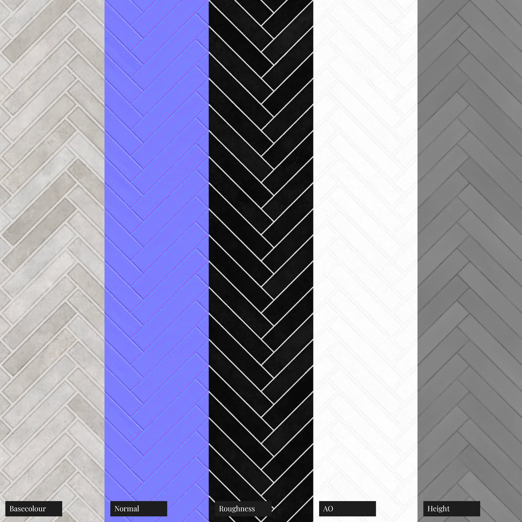 Hoxton White Herringbone Porcelain Tile PBR Texture - Example Scene Visualization | Superellipse