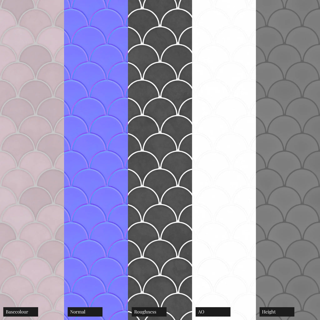 Pastel Pink Scallop Ceramic Tile PBR Texture - Example Scene Visualization | Superellipse