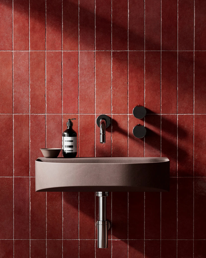 Zellige Cherry Red Stacked Tile PBR Texture - Example Scene Visualization | Superellipse