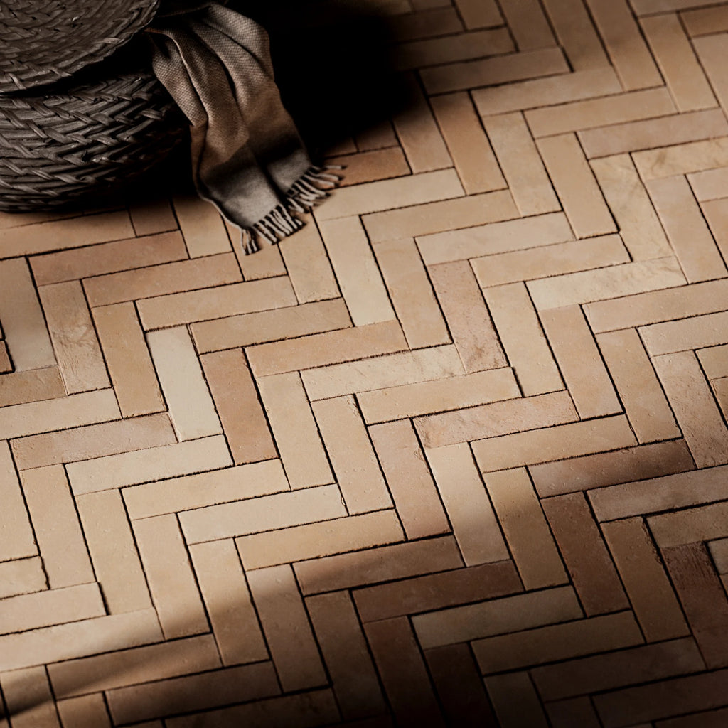 Terracotta Muted Mixed Clay Dusted Herringbone Tiles PBR Texture - Example Scene Visualization | Superellipse