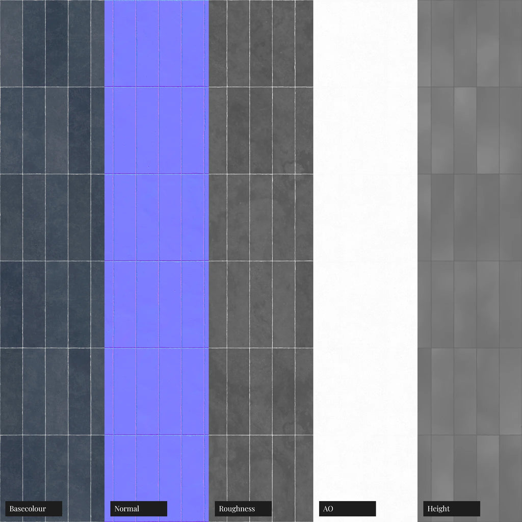Zellige Navy Vertical Subway Tile PBR Texture - Example Scene Visualization | Superellipse