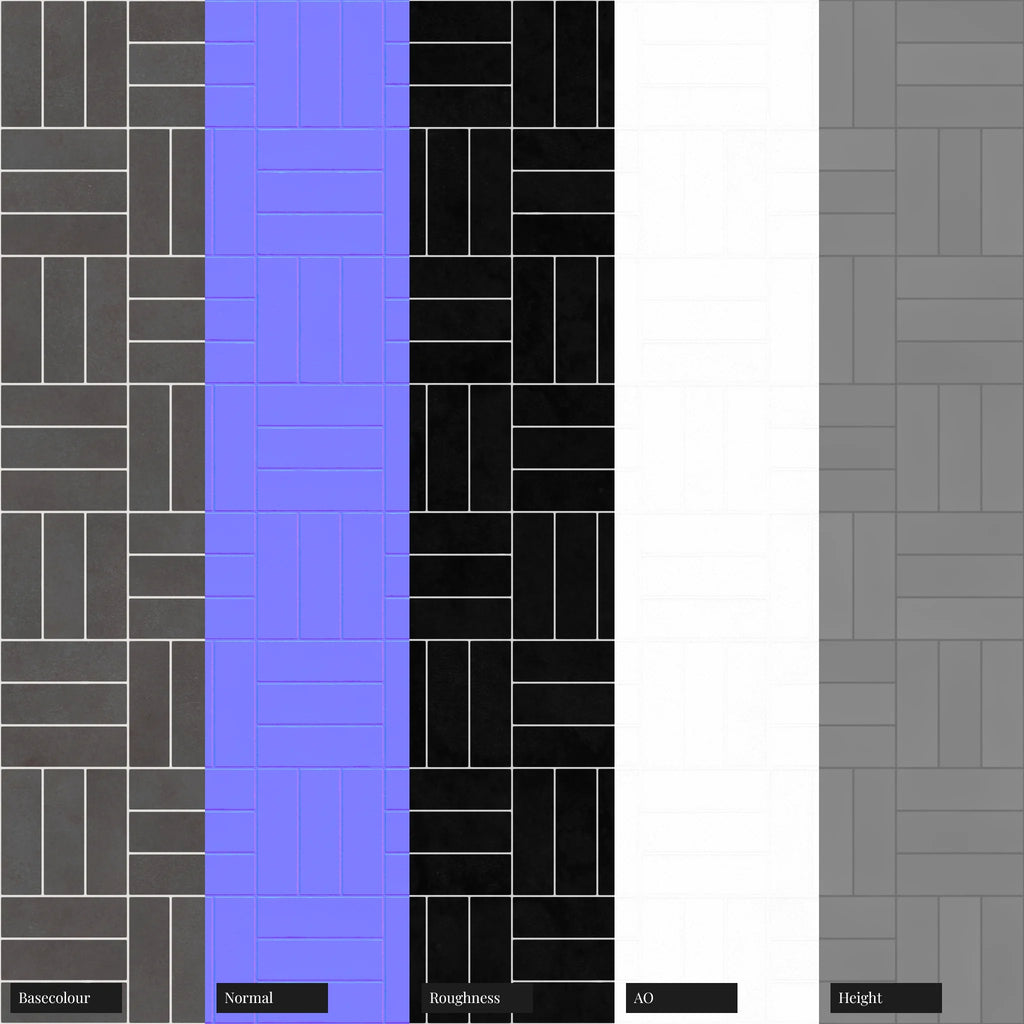 Zellige Charcoal Grey Basketweave Tile PBR Texture - Example Scene Visualization | Superellipse