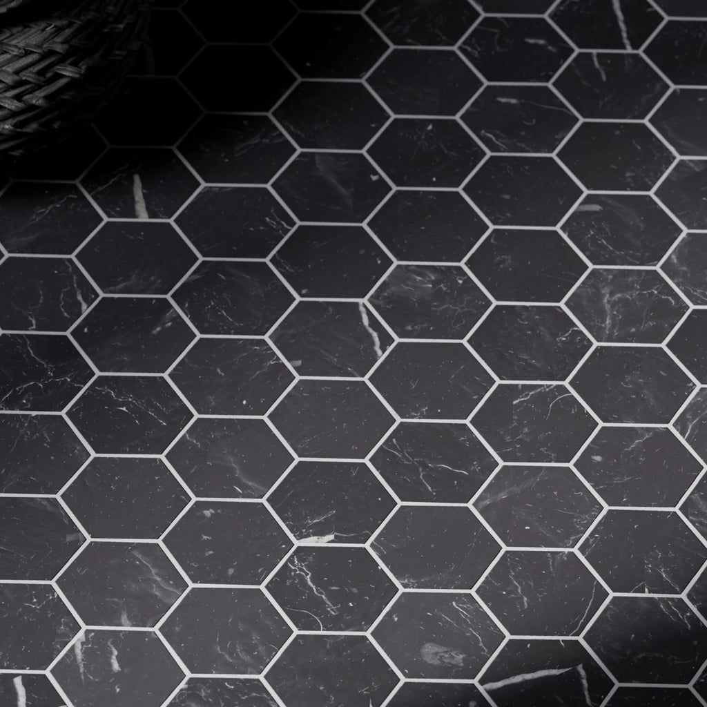 Nero Marquina Hex Honed Marble Tile PBR Texture - Example Scene Visualization | Superellipse