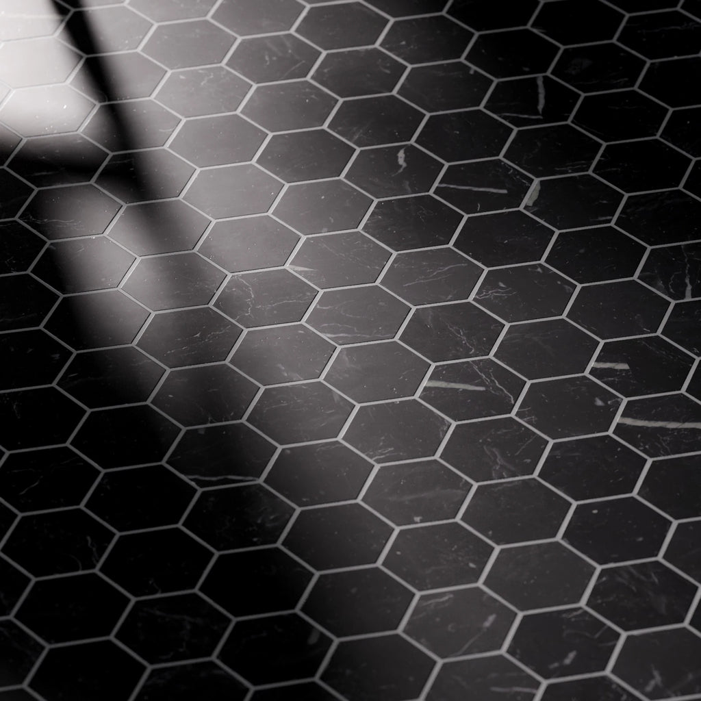 Nero Marquina Hex Honed Marble Tile PBR Texture - Example Scene Visualization | Superellipse