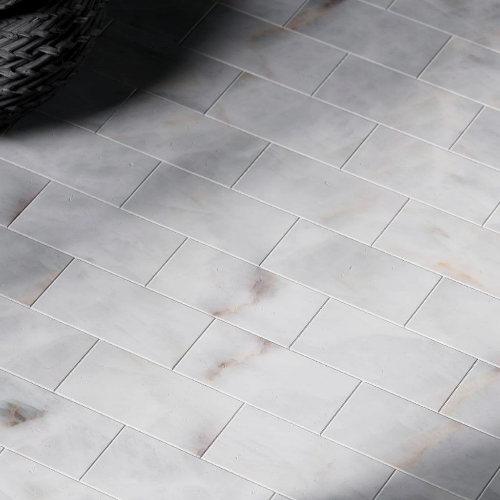 White Onyx Polished Brickbond Tiles PBR Texture - Example Scene Visualization | Superellipse