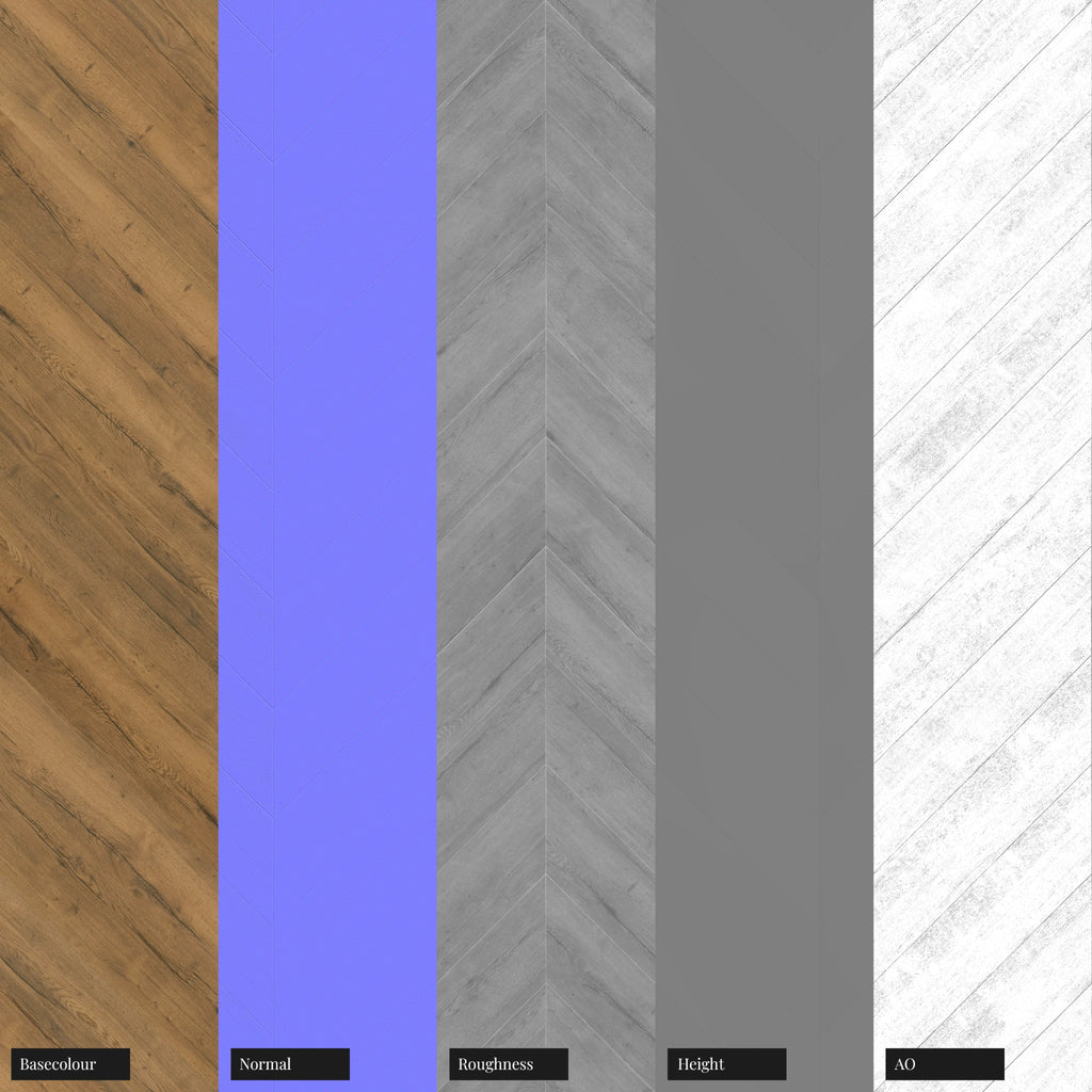 Rustic Oak Wood Chevron Floor PBR Texture - Example Scene Visualization | Superellipse