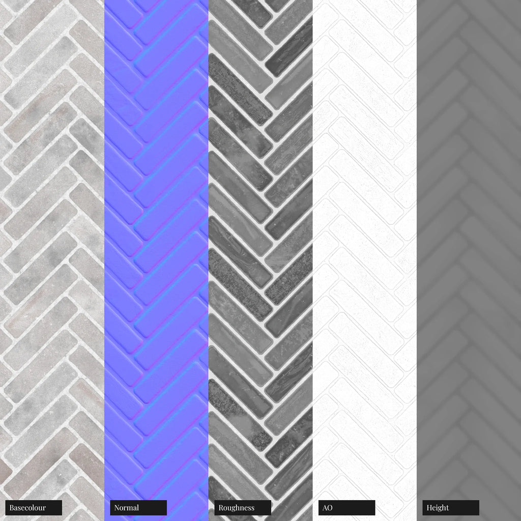 Contemporary Grey Terracotta Herringbone Tiles PBR Texture - Example Scene Visualization | Superellipse