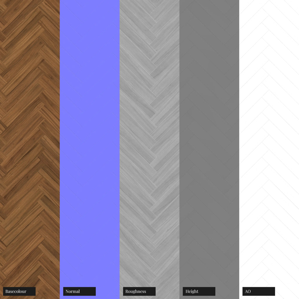 Teak Herringbone Parquet Wood Floor PBR Texture - Example Scene Visualization | Superellipse