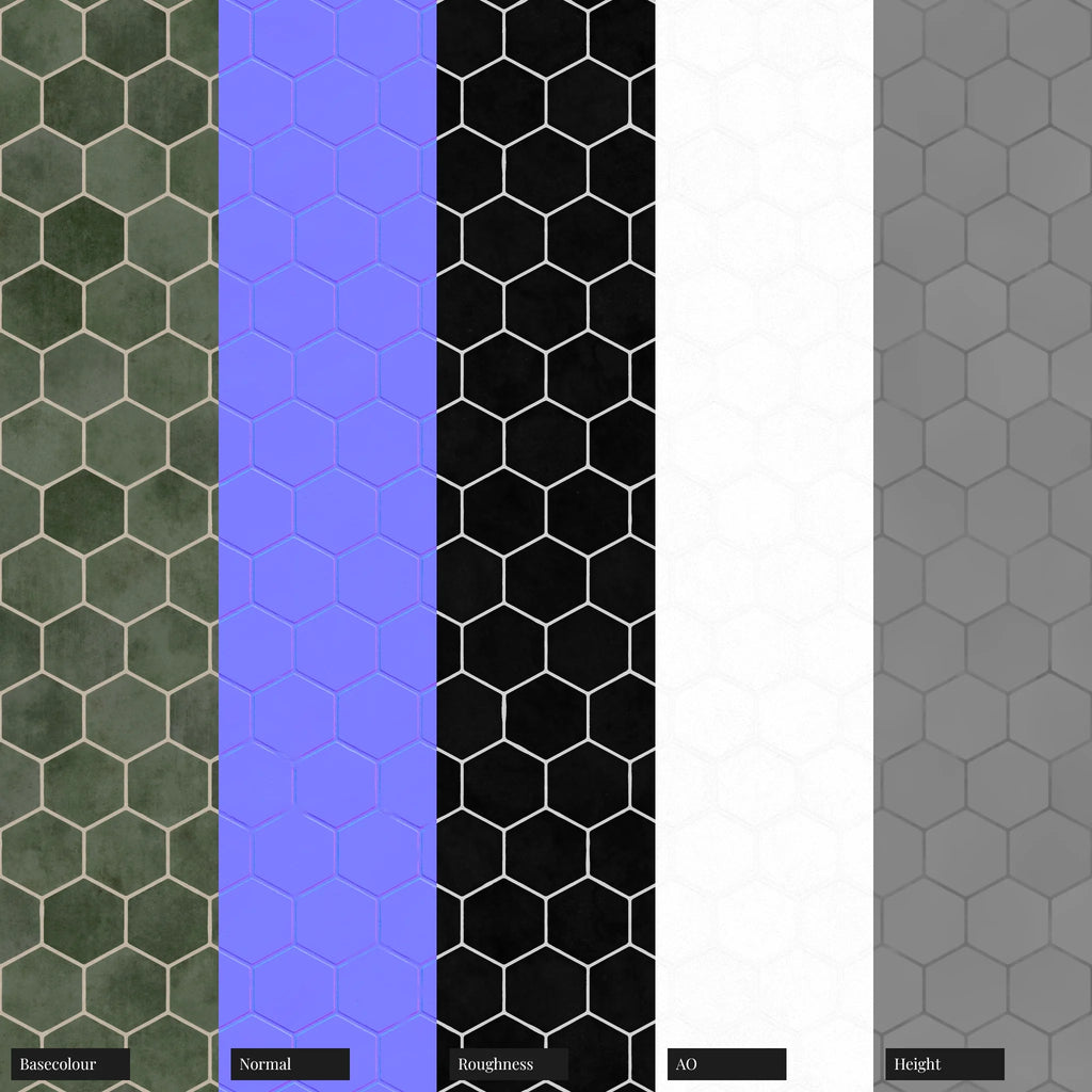 Zellige Avocado Hex Tile PBR Texture - Example Scene Visualization | Superellipse