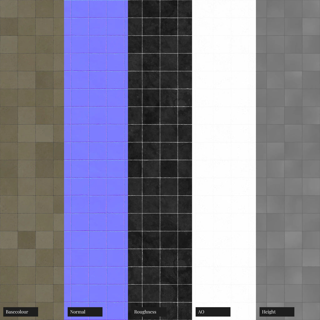 Zellige Deep Olive Square Tile PBR Texture - Example Scene Visualization | Superellipse