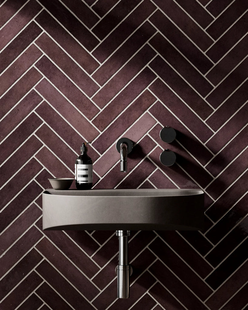 Hoxton Burgundy Herringbone Tile PBR Texture - Example Scene Visualization | Superellipse