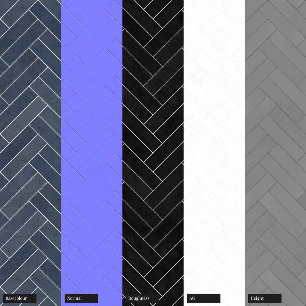 Zellige Navy Herringbone Tile PBR Texture - Example Scene Visualization | Superellipse