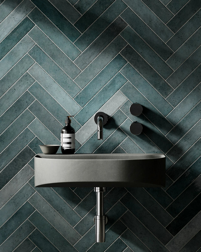 Hoxton Teal Gloss Herringbone Tile PBR Texture - Example Scene Visualization | Superellipse