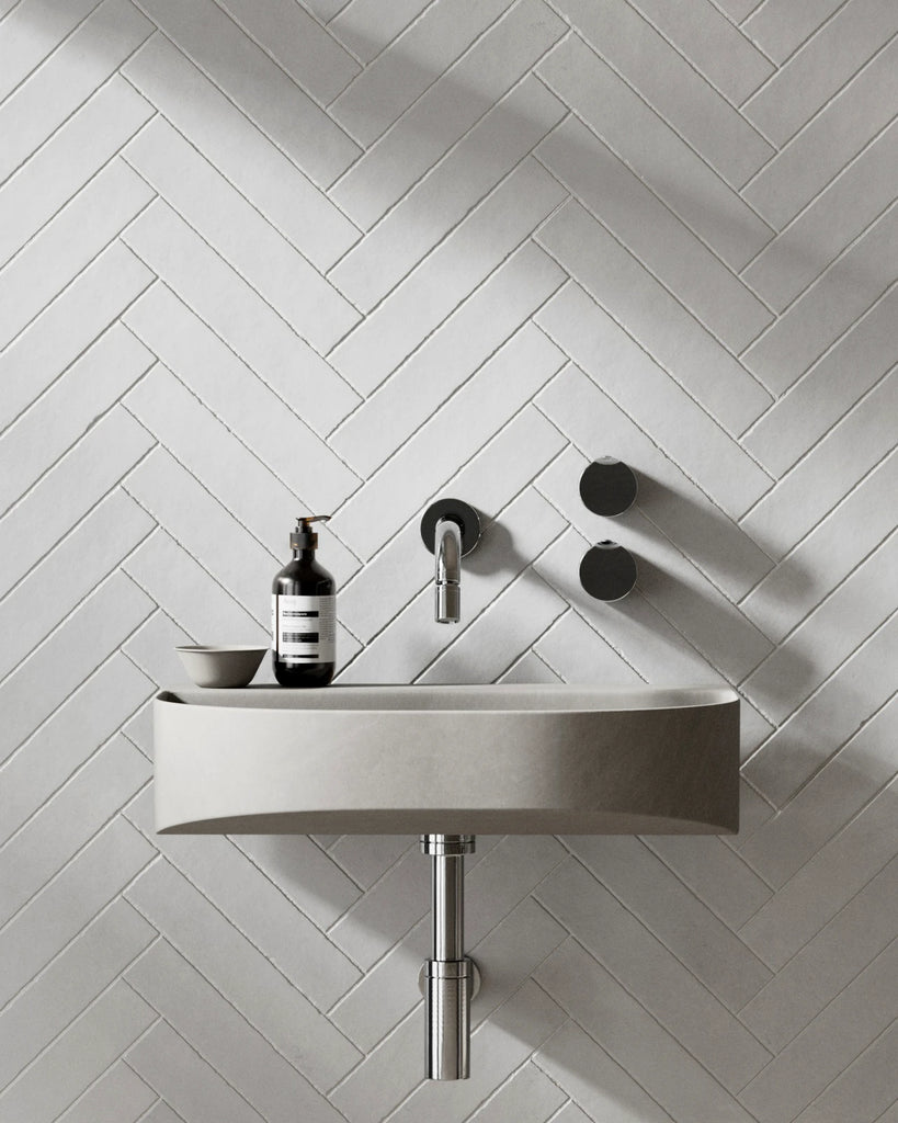 Zellige Contemporary White Herringbone Tile PBR Texture - Example Scene Visualization | Superellipse