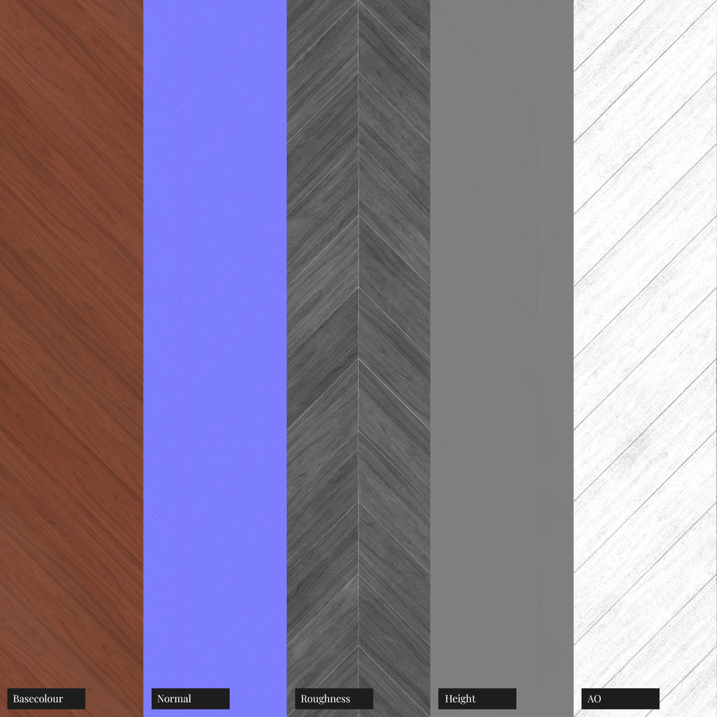 Red Mahogany Chevron Wood Floor PBR Texture - Example Scene Visualization | Superellipse
