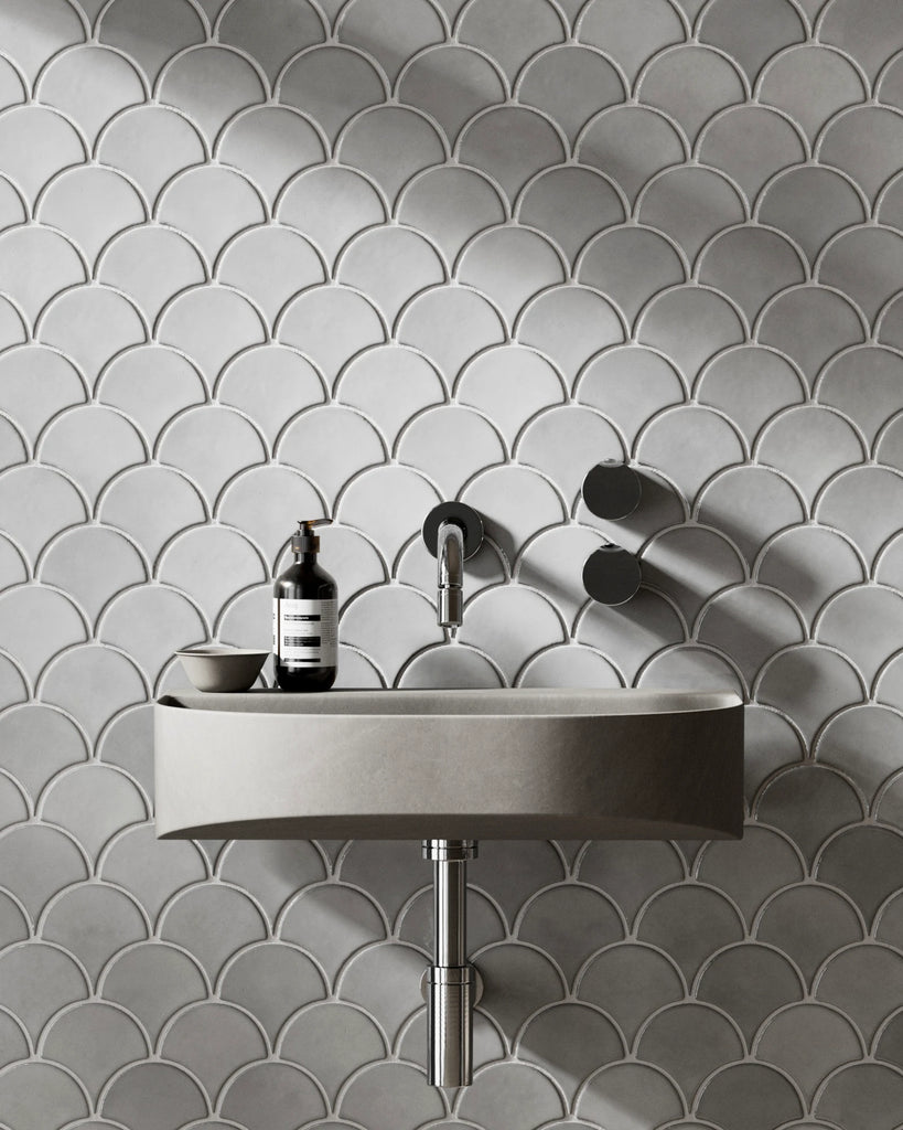 Ash Gloss Scallop Porcelain Tile PBR Texture - Example Scene Visualization | Superellipse