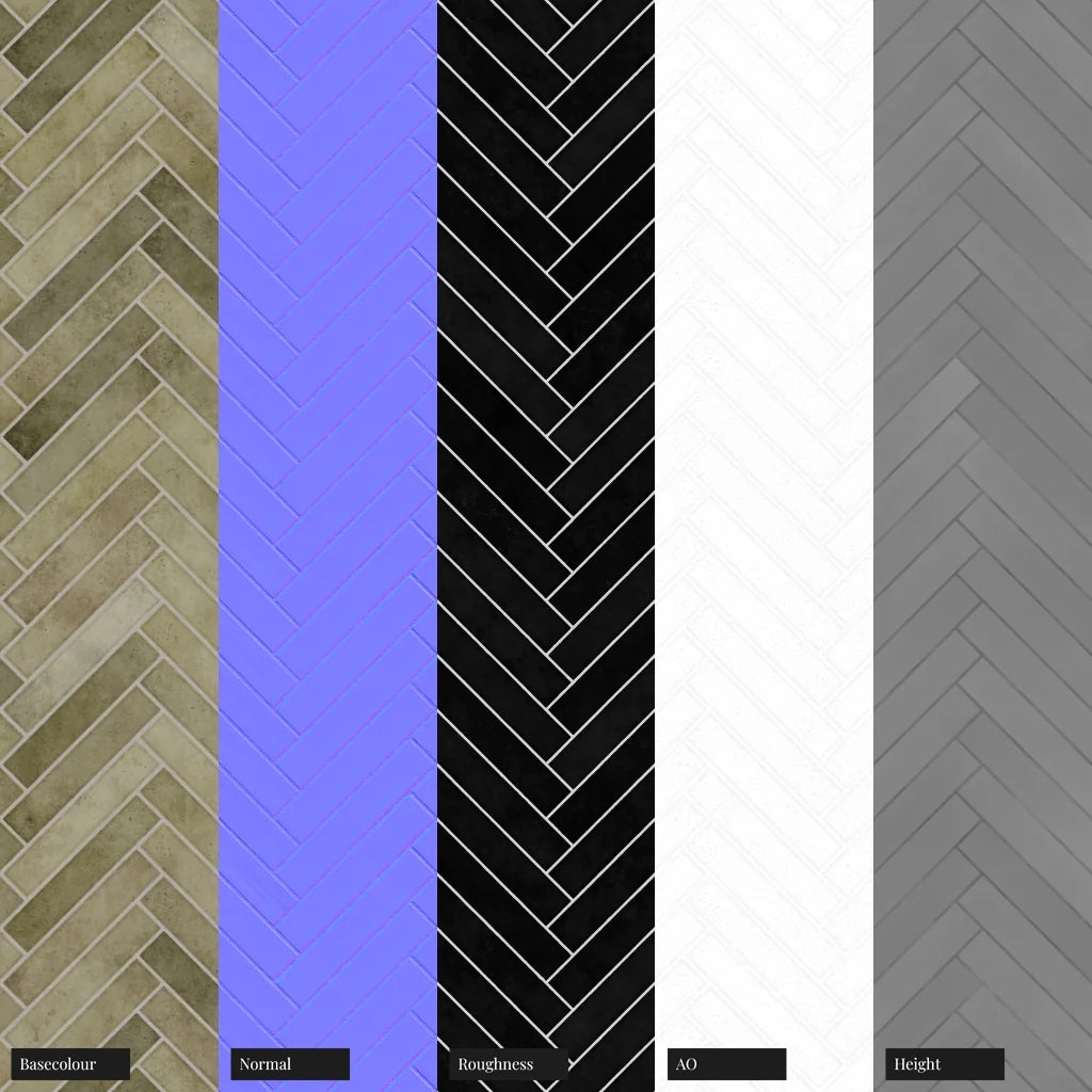Hoxton Olive Herringbone Tile PBR Texture - Example Scene Visualization | Superellipse