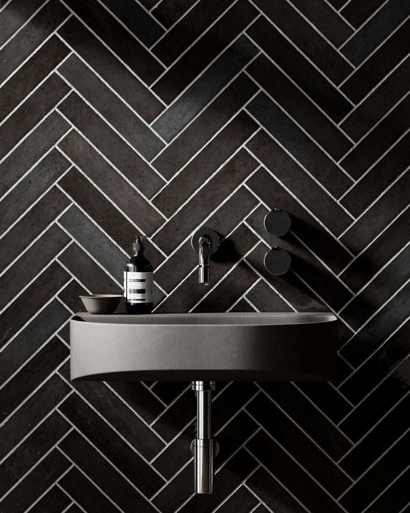 Hoxton Black Herringbone Porcelain Tile PBR Texture - Example Scene Visualization | Superellipse