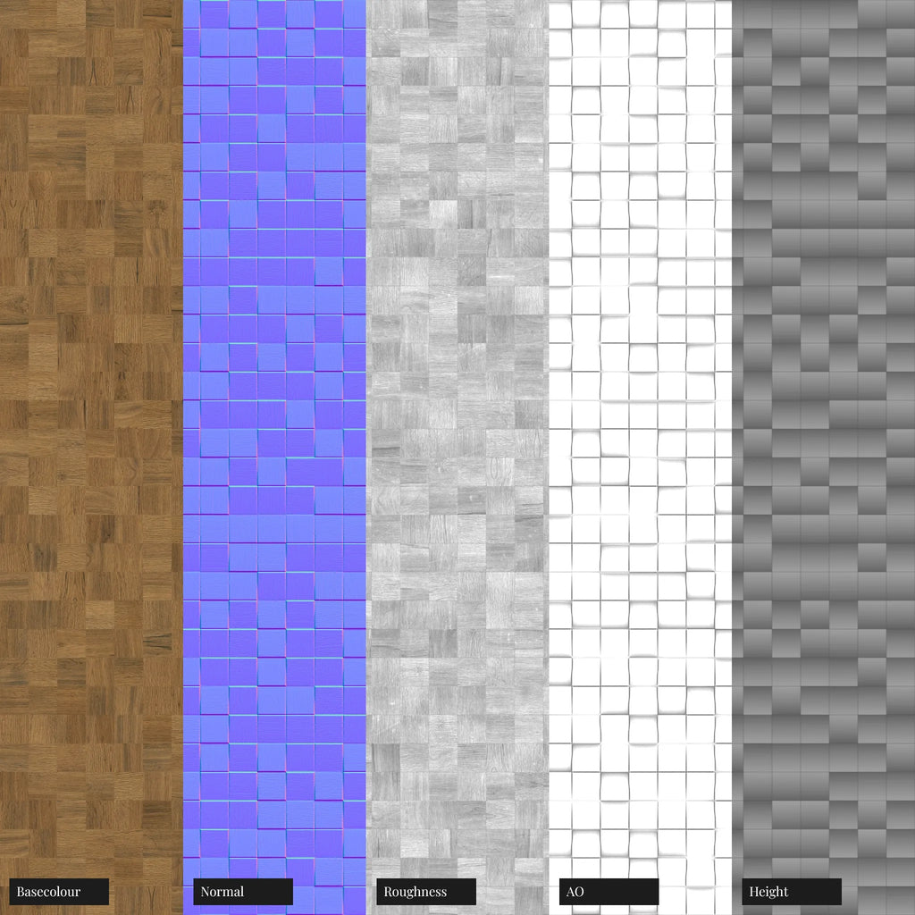 Bevelled Mosaic Oak Wood Panel PBR Texture - Example Scene Visualization | Superellipse