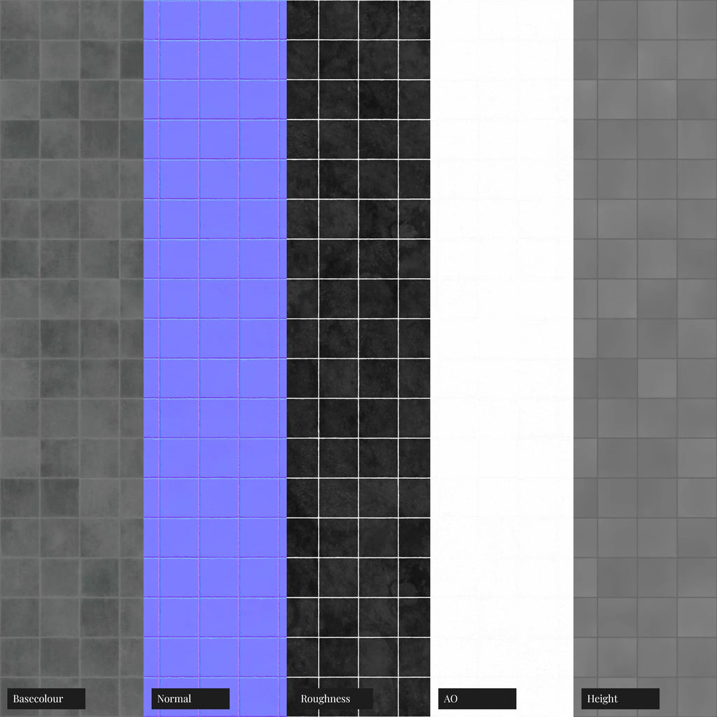 Zellige Graphite Gloss Square Tile PBR Texture - Example Scene Visualization | Superellipse