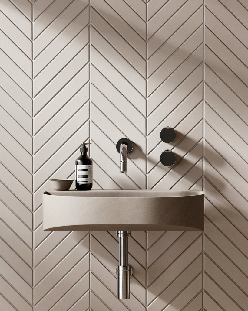 Chevron Matte Soft Beige Tile PBR Texture - Example Scene Visualization | Superellipse